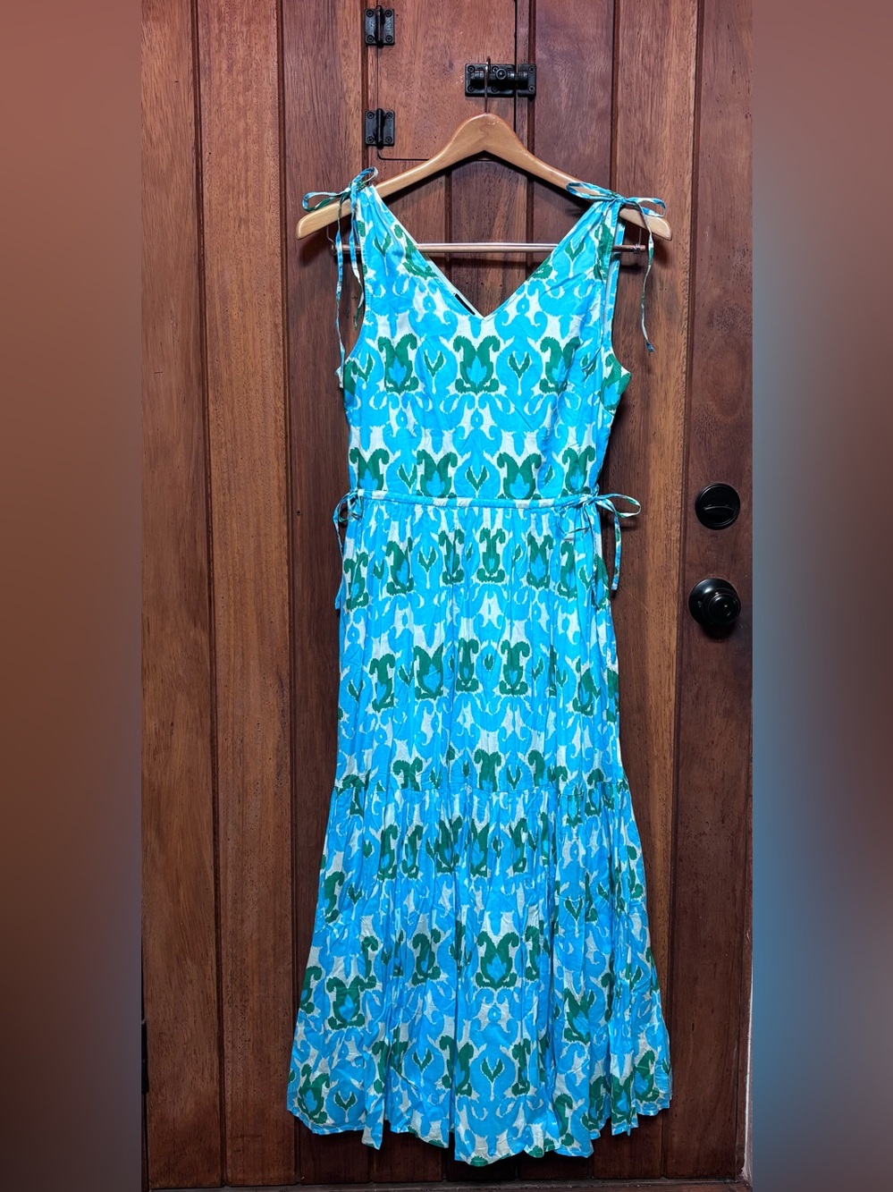 Talbots Blue & Green IKAT Medallion Tropical Tie-Shoulder Long Dress - Picture 2 of 3